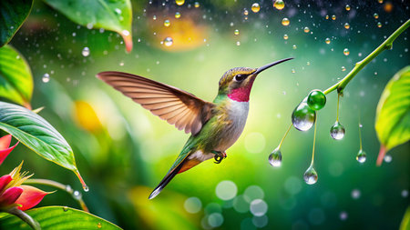 Hummingbird with rain drops on its wings and flower in backgroundの素材