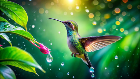 Hummingbird with rain drops and flower. Hummingbird with rain drops. Wildlife scene from tropic nature. Hummingbird in the rainforest.の素材