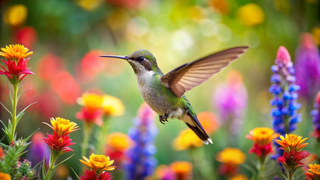 Female Ruby-throated Hummingbird (archilochus colubris) in flight with colorful flowers in the backgroundの素材