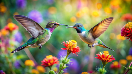 Two Ruby-throated Hummingbirds (archilochus colubris) feeding on nectar from flowers.の素材