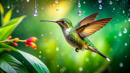 Hummingbird flying with rain drops in the background. Collage.の素材