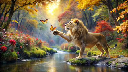Lion in the autumn forest with butterfly,3d rendering.の素材