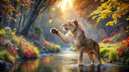 Lion in the autumn forest. Beautiful nature scene with lion.の素材