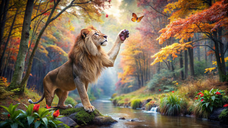 Lion in the autumn forest with a butterfly in his hand.の素材