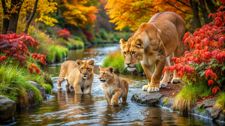 Lioness with her cubs in a park in autumn.の素材