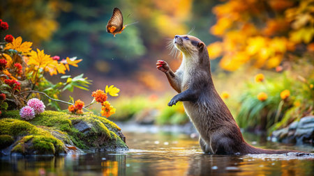 European otter (Lutra lutra) catching a butterfly.の素材