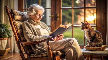 Elderly woman reading a book with her cat sitting in a rocking chair at homeの素材