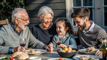Portrait of a happy family having a dinner outdoors. Grandmother, grandfather and daughter sitting at the table.の素材