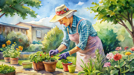 Watercolor painting of a senior woman planting flowers in the garden.の素材