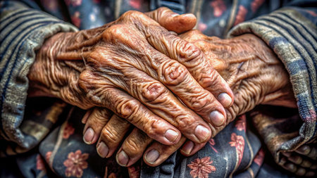 Old wrinkled hands of an elderly woman, close-up.の素材