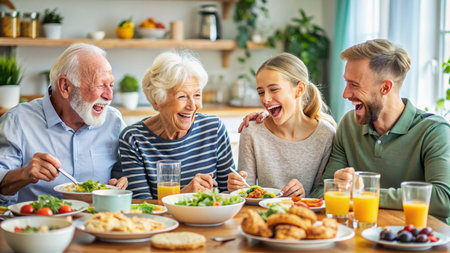 Happy family having breakfast together at home. Grandparents and their adult children eating healthy food.の素材