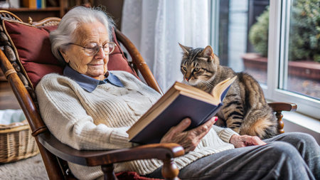 Elderly woman reading a book with her cat at home.の素材
