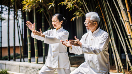 Asian senior couple practicing thai chi in the park, Thailand.の素材