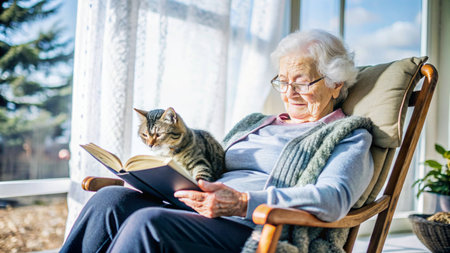 Elderly woman reading a book with her cat at home.の素材