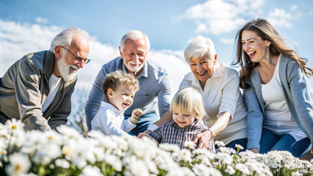 Grandparents with grandchildren in a flower garden on a sunny day.の素材