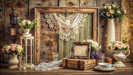 Vintage still life with flowers and old photo frame on wooden backgroundの素材