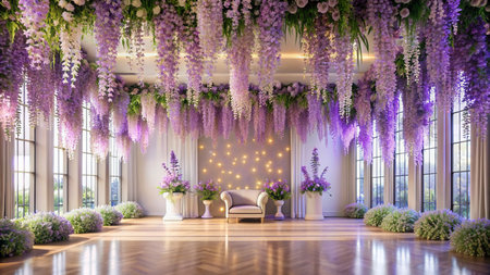 Interior of a hotel lobby decorated with purple wisteria flowersの素材