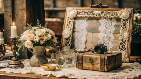 Wedding table decoration with flowers, vintage photo camera and candlesの素材