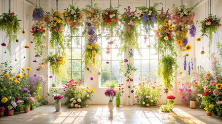 Flower decoration in the interior of the room with a lot of flowersの素材