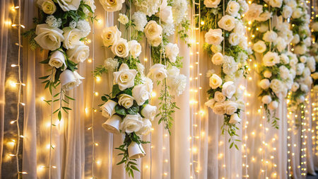 Wedding arch decorated with white roses and light garland.の素材