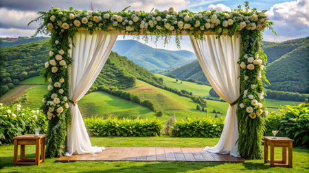Wedding arch decorated with white flowers on the background of green hills.の素材