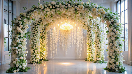 Wedding arch decorated with white flowers. Wedding decor. Wedding dayの素材