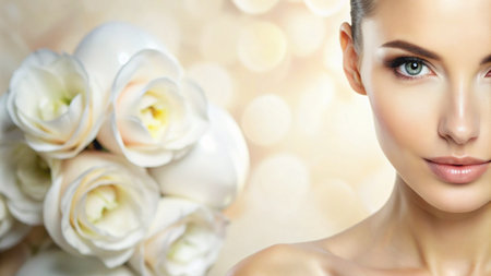 beauty, people and health concept - beautiful young woman face over holidays lights backgroundの素材