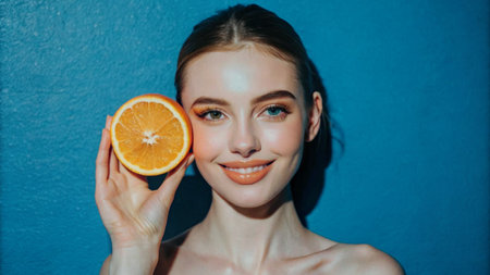 Beautiful girl with a slice of orange on a blue background.の素材
