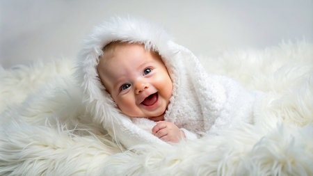 Newborn baby in a white fur coat on a white background.の素材
