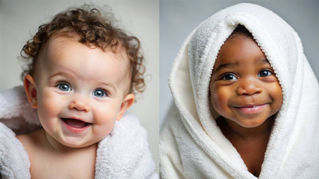 Collage of happy mixed race baby in bathrobe smiling at cameraの素材