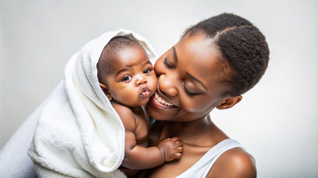 happy african american mother with baby wrapped in towel over grey backgroundの素材