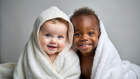 Portrait of a cute little boy and girl in a bathrobeの素材