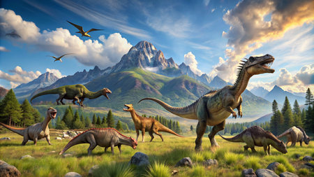 Dinosaur in the meadow. 3D render of dinosaurs.の素材