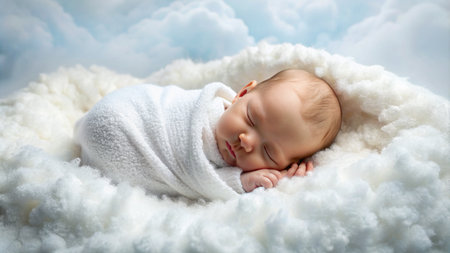 Cute newborn baby sleeping on a white fluffy blanket in the cloudsの素材