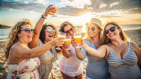 Group of friends having fun on the beach, drinking cocktails and having funの素材