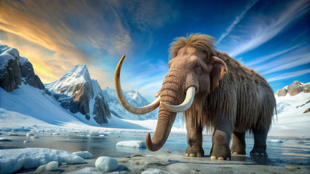 Mammoth on the background of snow-capped mountains.の素材