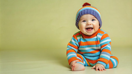 Portrait of a happy smiling baby in a striped sweater and hatの素材