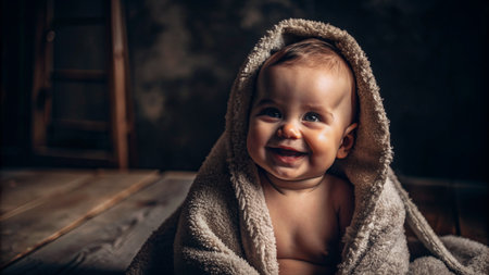 Portrait of a smiling baby with a towel on his head.の素材