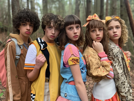 Group of children dressed up as superheroes in the forest. Halloween theme.の素材