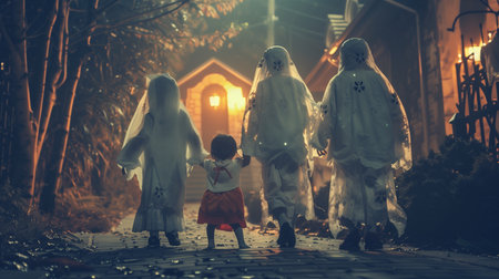 Little girl in ghost costume with her mother and brother on Halloween night.の素材