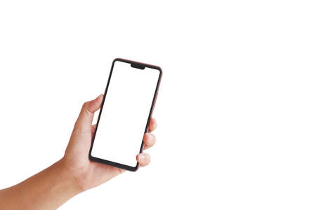 The hand is holding the white screen, the mobile phone is isolated on a white background with the clipping path.の写真素材