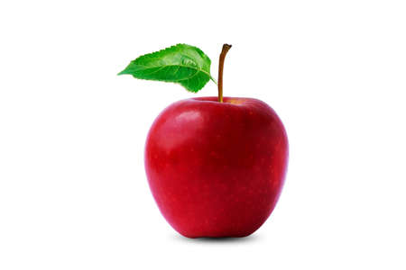 Red apples and green leaves isolated on a white backgroundの写真素材