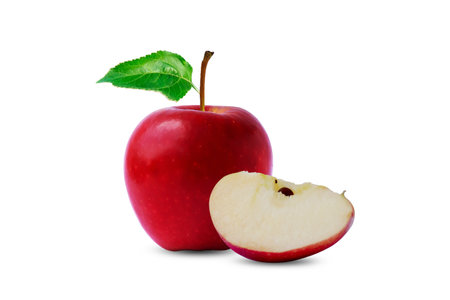 Red apples and green leaves isolated on a white backgroundの写真素材