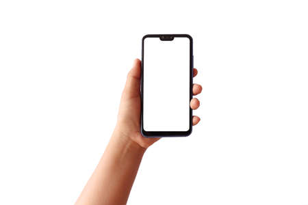 The hand is holding the white screen, the mobile phone is isolated on a white backgroundの写真素材