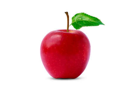 Red apples and green leaves isolated on a white backgroundの写真素材
