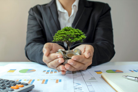 The tree grows on a coin in the hands of a businessman. Concept of success in business administration and commercial returns.の写真素材
