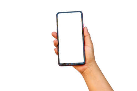 The hand is holding the white screen, the mobile phone is isolated on a white backgroundの写真素材
