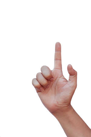 Hand gesture with index finger pressing or pointing to a separate object on a white backgroundの写真素材