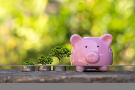 The addition of coins and plants grows on stacked coins, investment profit ideas and savings dividends.の写真素材