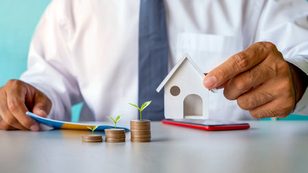 Trees grow on piles of coins and investors shake hands with home finance concepts, mortgages, real...